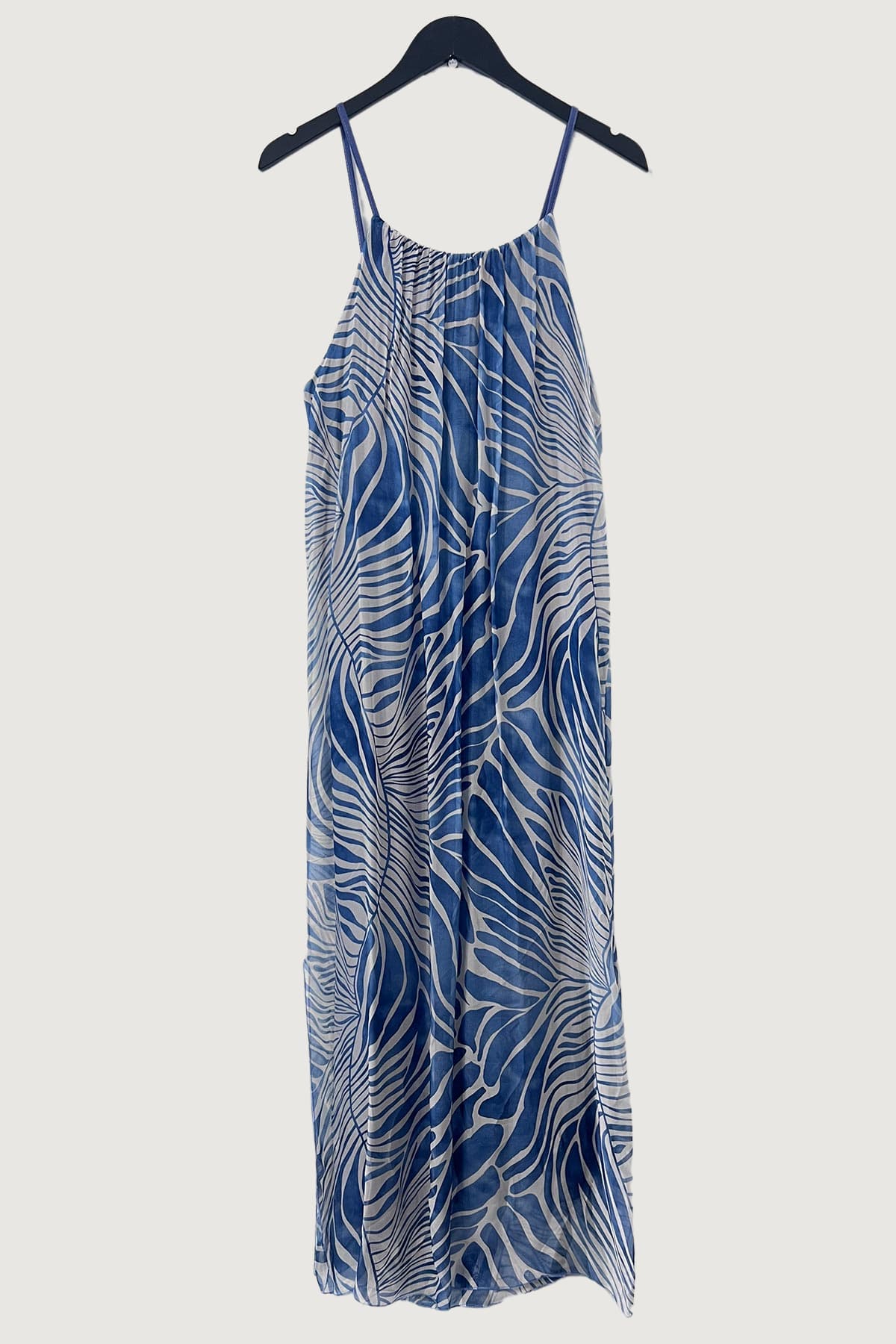 Mia Strada London Fern Print Monochrome Silk Maxi Dress In Blue