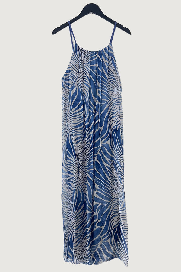Mia Strada London Fern Print Monochrome Silk Maxi Dress In Blue