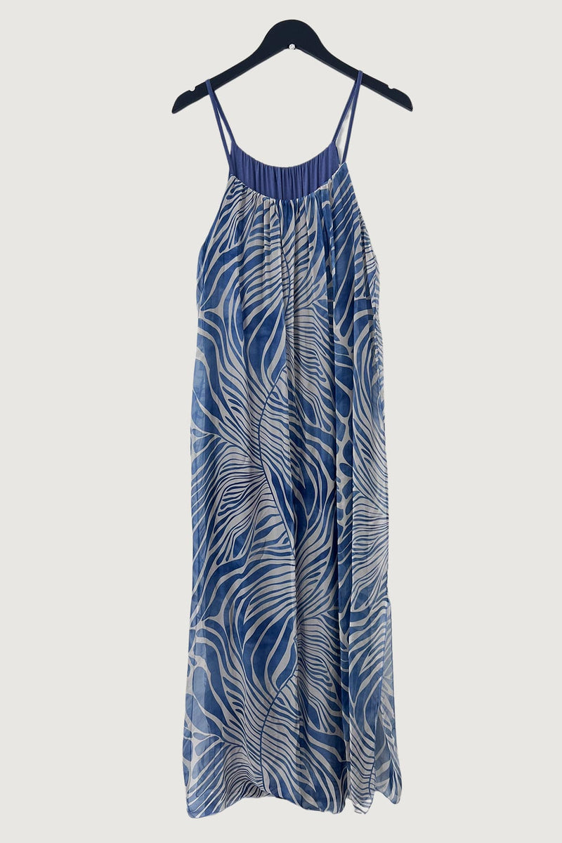 Mia Strada London Fern Print Monochrome Silk Maxi Dress In Blue