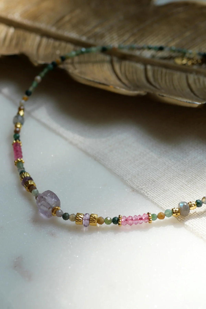 Ginandger Somila Indian Agate Ametrine Pink Topaze Labradorite Necklace