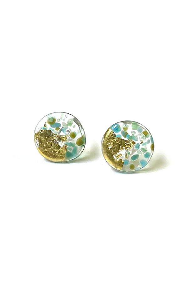 Helen Chalmers Glass And Gold Midi Mottled Stud Earrings In Aqua