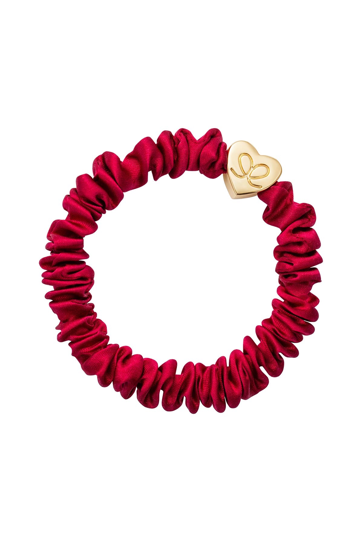 By Eloise Gold Heart Skinny Silk Scrunchie In Burgundy