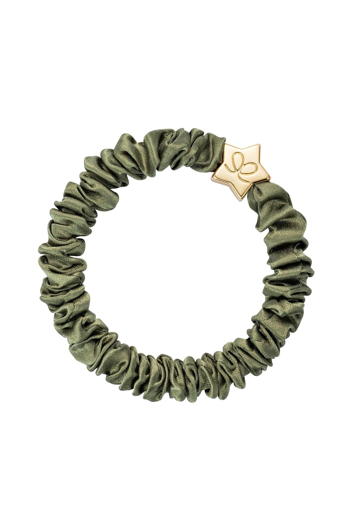 By Eloise Gold Star Skinny Silk Scrunchie In Olive Green