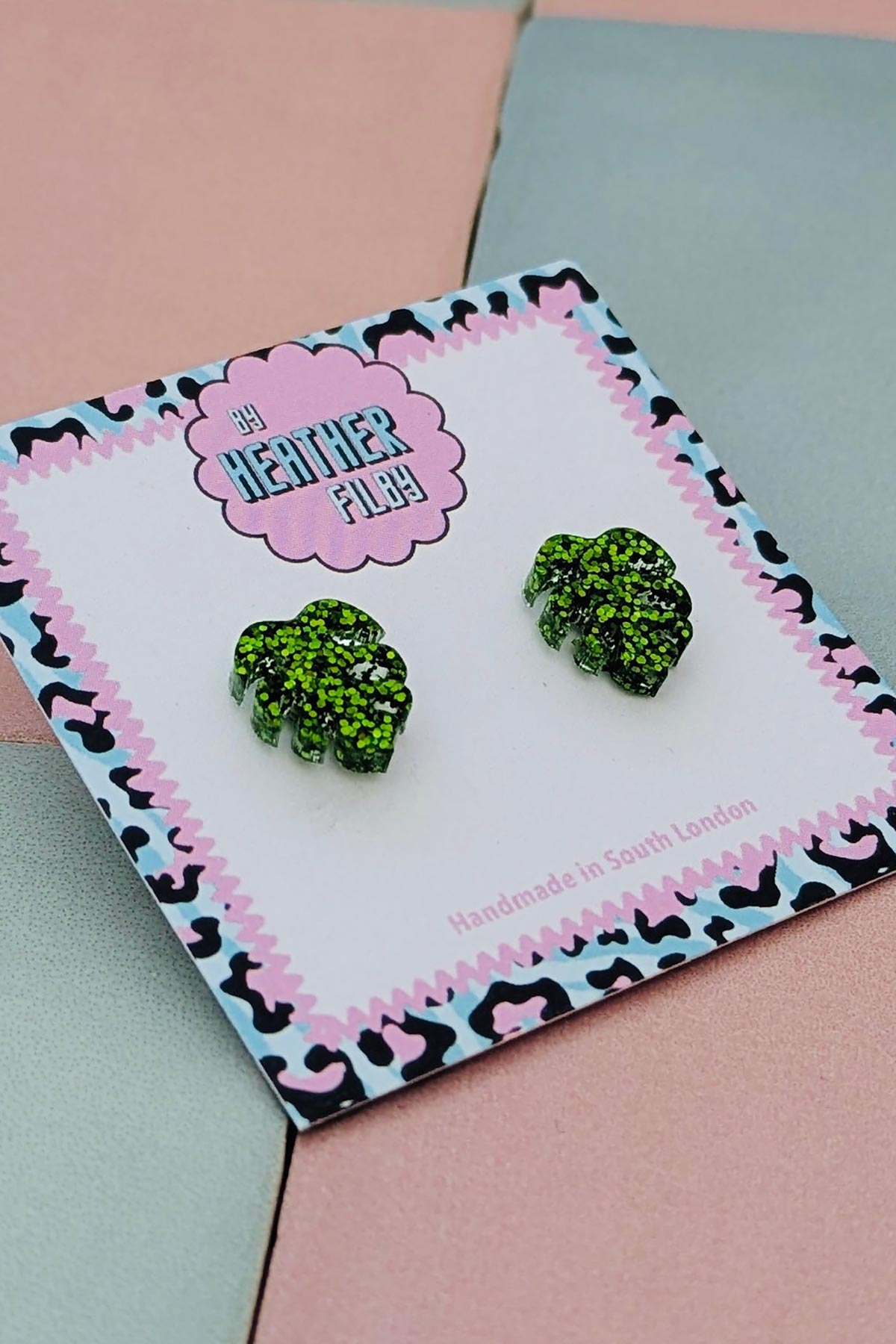 By Heather Filby Green Monstera Leaf Glitter Stud Earrings