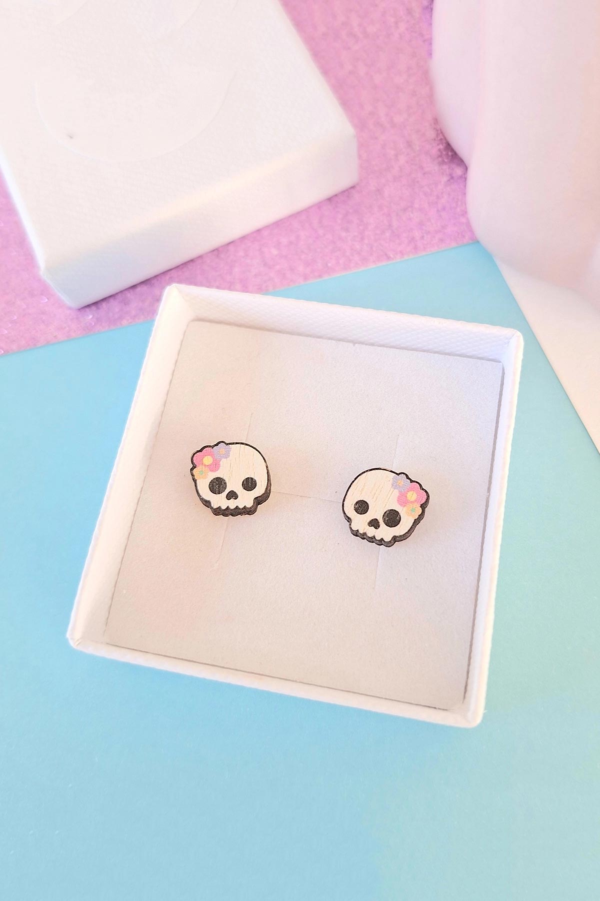 Prickle People Halloween Skull Flower Wooden Stud Earrings