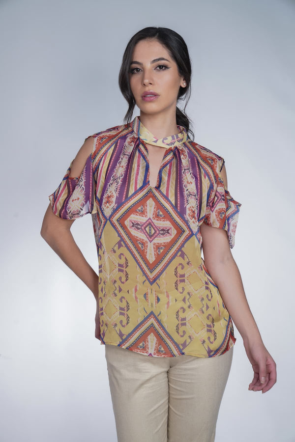 Vivian Contemporary Andean Design Kuntur Stand-Up Collar Silk Blouse