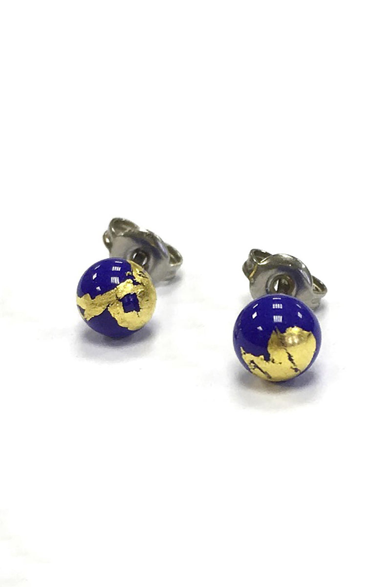 Helen Chalmers Lapis And Gold Handmade Glass Stud Earrings