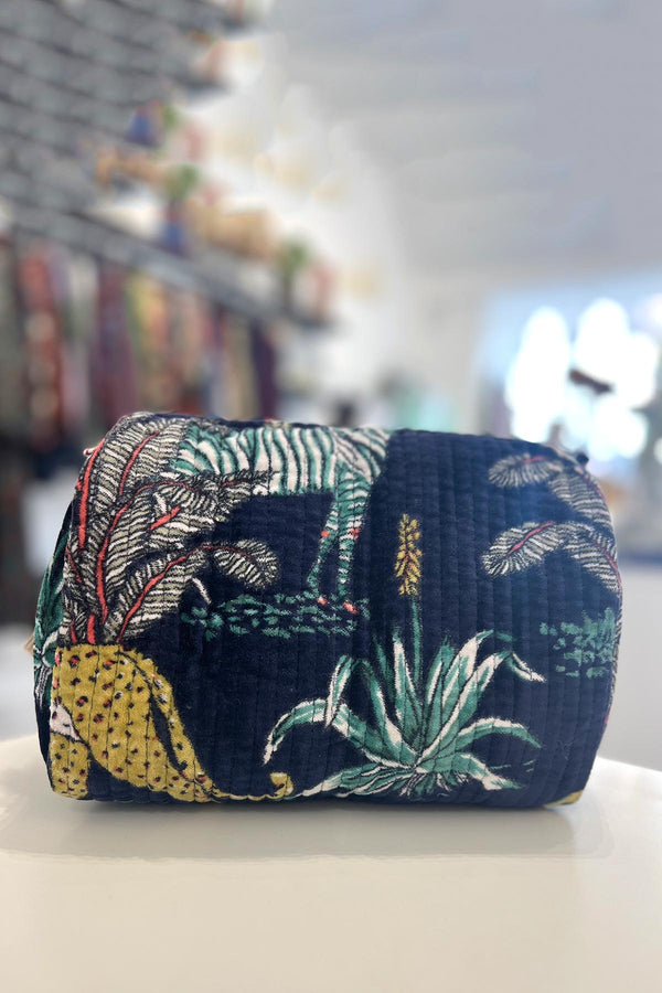 Conscious Yoga Collective Large Velvet Make Up Bag In Jungle Blue