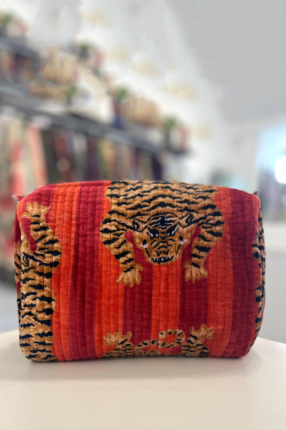 Conscious Yoga Collective Large Velvet Make Up Bag In Tibetan Tiger Pink