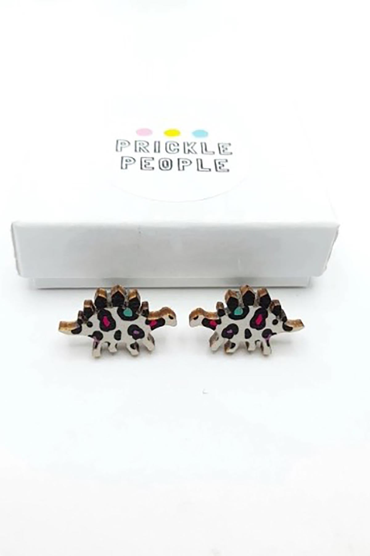 Prickle People Leopard Print Stegosaurus Wooden Stud Earrings