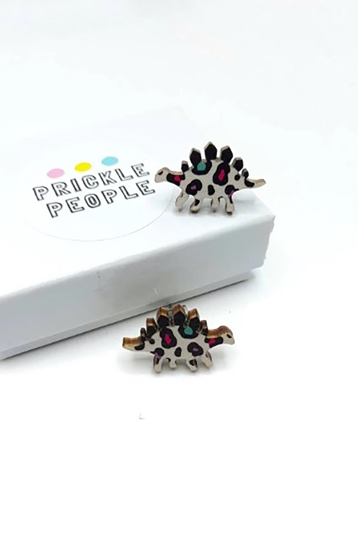 Prickle People Leopard Print Stegosaurus Wooden Stud Earrings