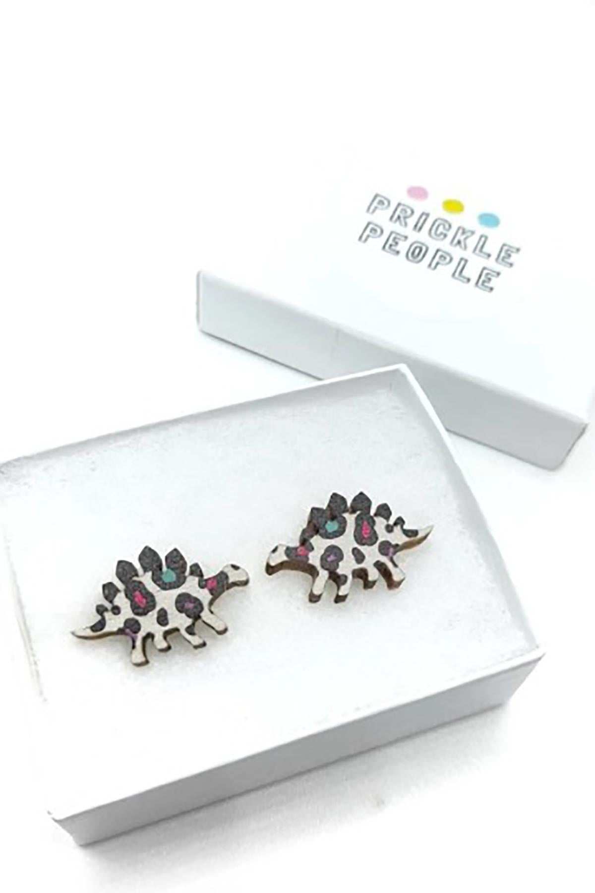 Prickle People Leopard Print Stegosaurus Wooden Stud Earrings