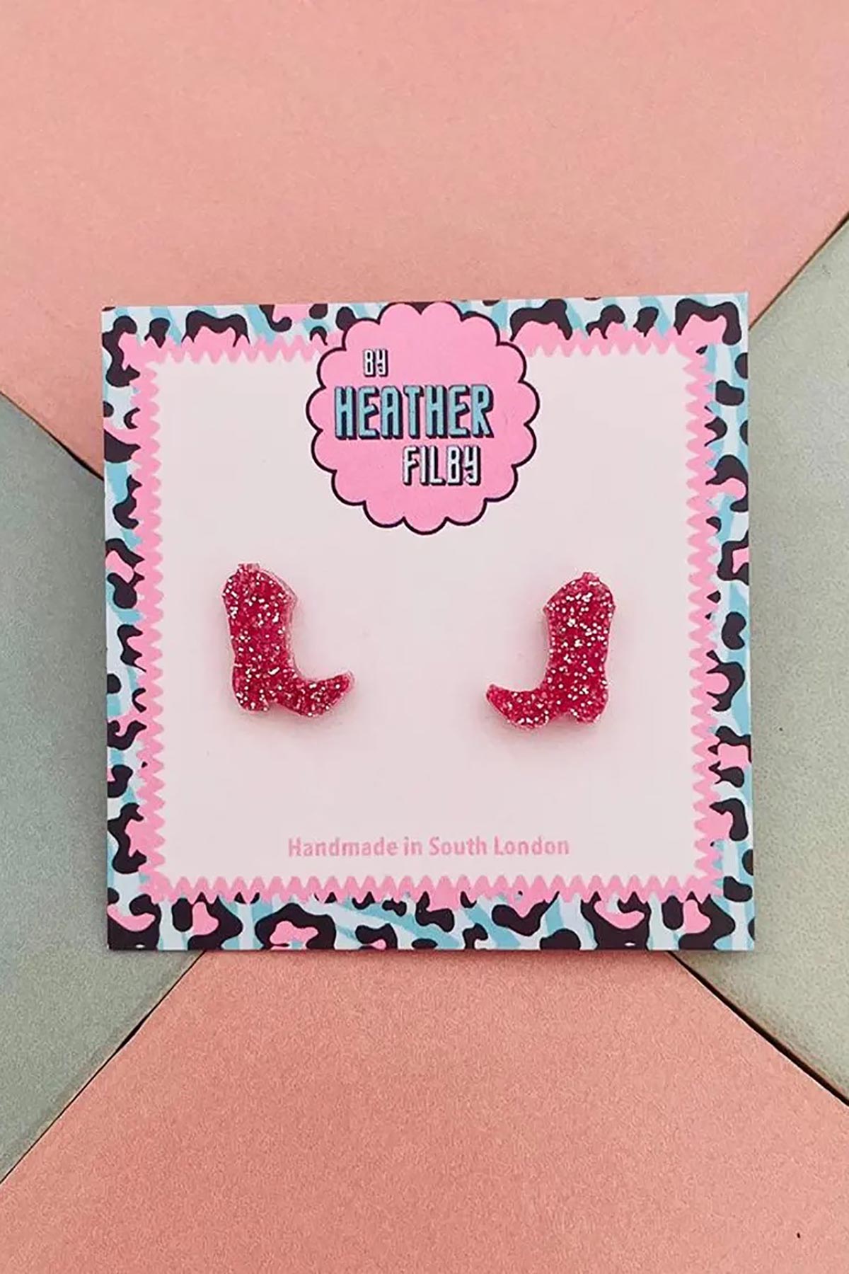 By Heather Filby Light Pink Cowboy Boot Glitter Stud Earrings