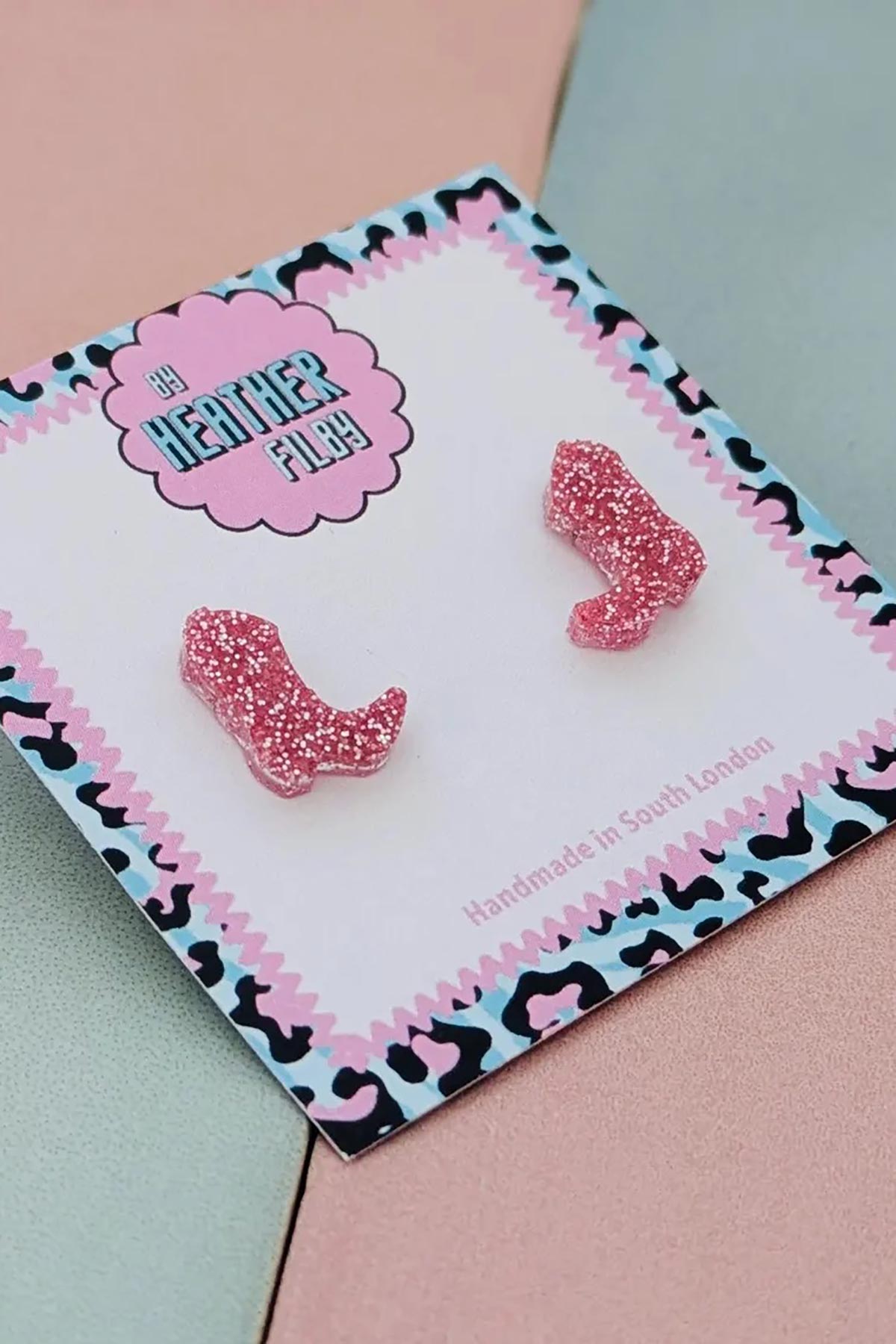 By Heather Filby Light Pink Cowboy Boot Glitter Stud Earrings