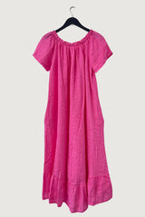 Mia Strada London Linen Bardot Dress With Pockets In Fuchsia Pink