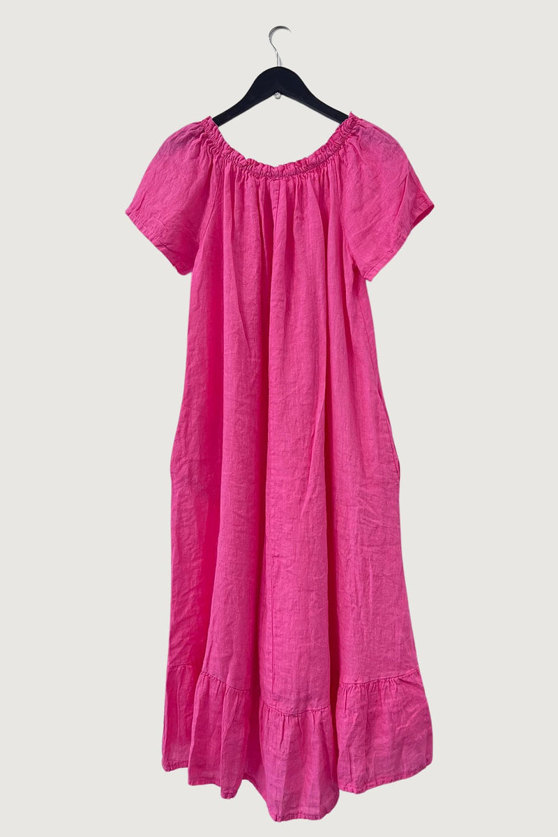 Mia Strada London Linen Bardot Dress With Pockets In Fuchsia Pink