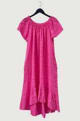 Mia Strada London Linen Bardot Dress With Pockets In Fuchsia Pink