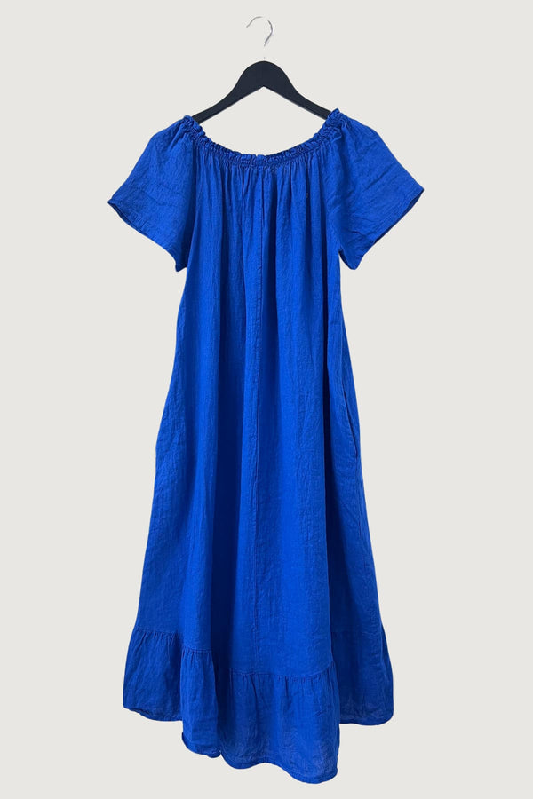 Mia Strada London Linen Bardot Dress With Pockets In Royal Blue