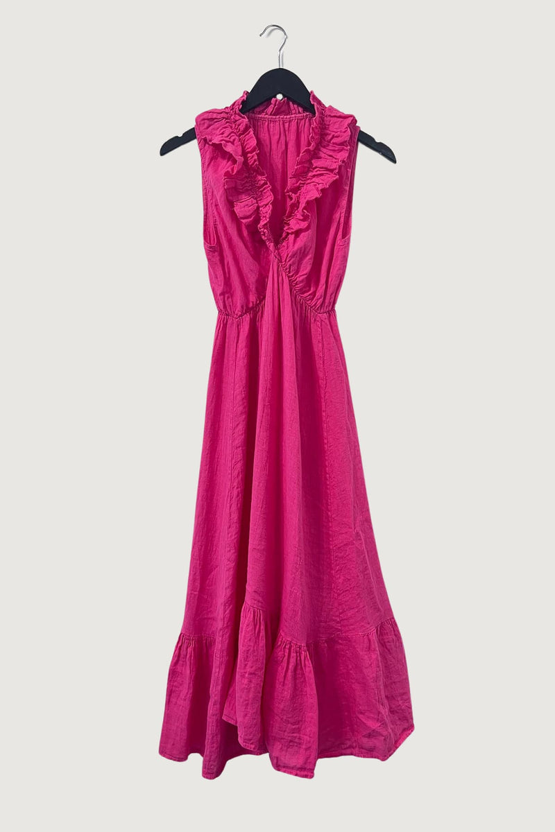 Mia Strada London Linen Cross Over Midi Dress In Fuchsia Pink