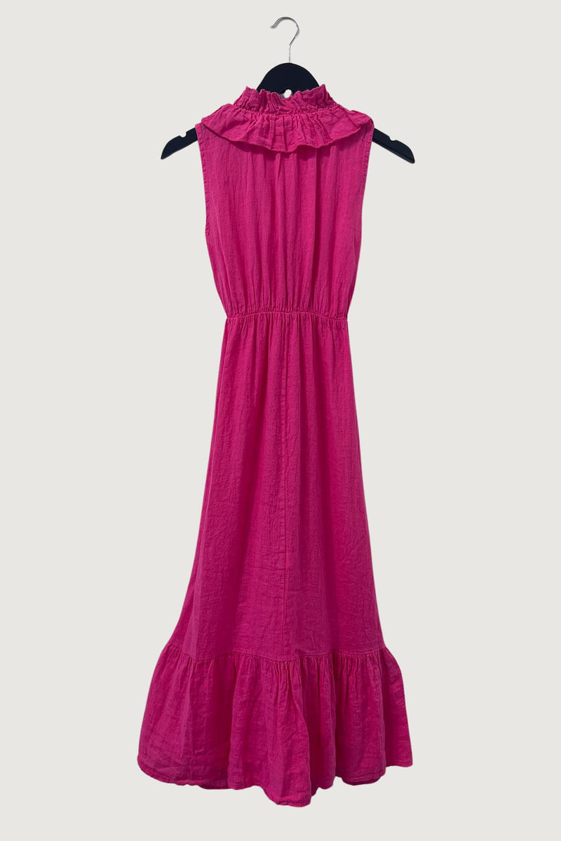 Mia Strada London Linen Cross Over Midi Dress In Fuchsia Pink