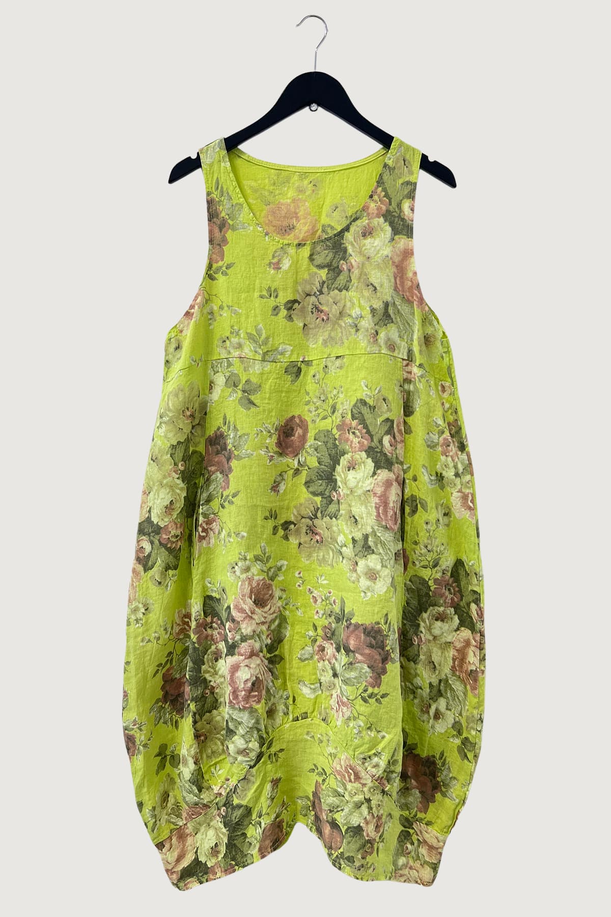 Linen Floral Dress With Pockets In Lime Green