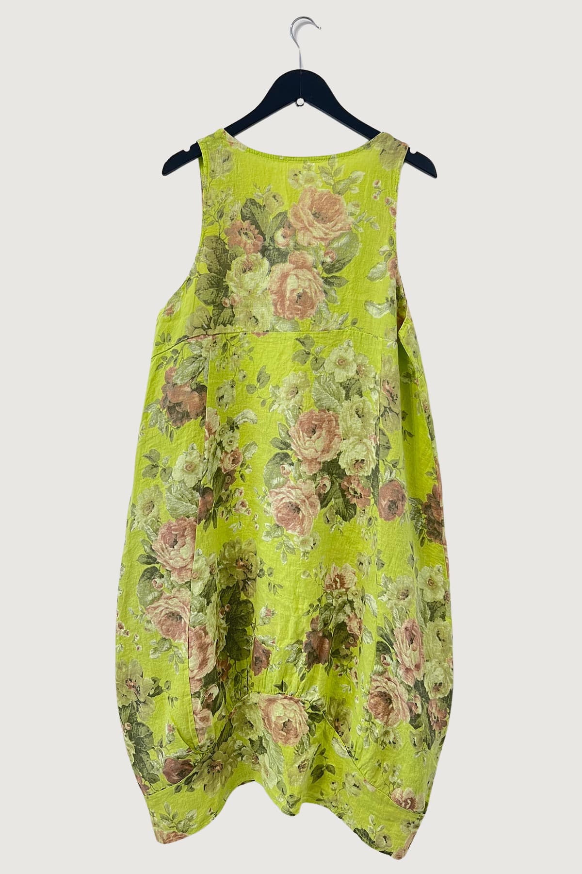 Linen Floral Dress With Pockets In Lime Green