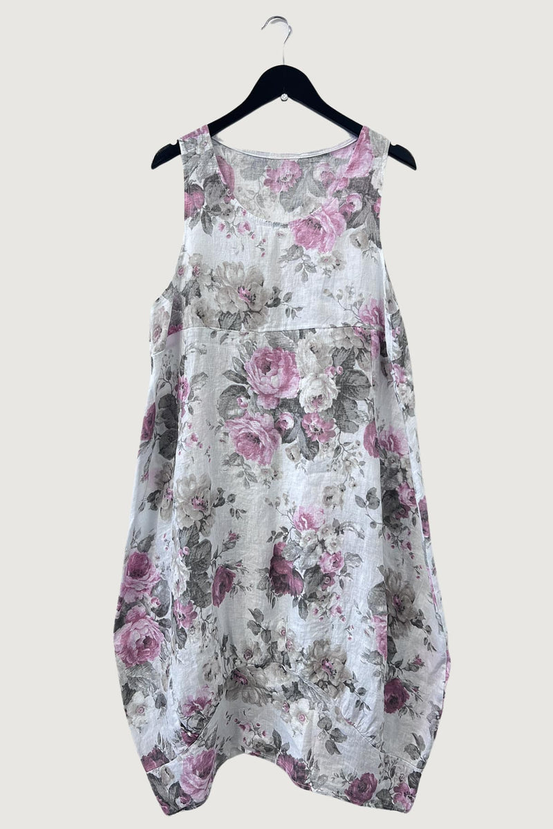 Mia Strada London Linen Floral Dress With Pockets In White