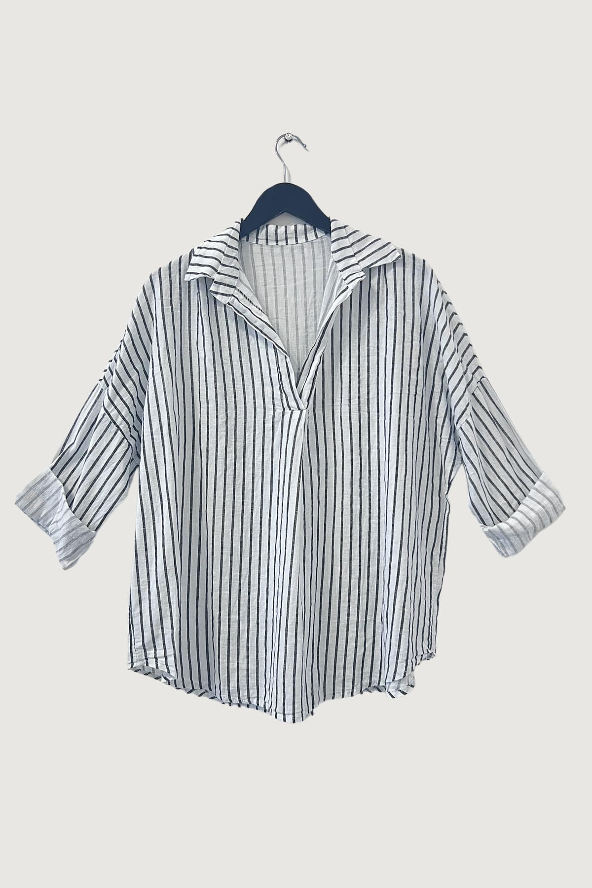 Mia Strada London Linen Striped Shirt In Black