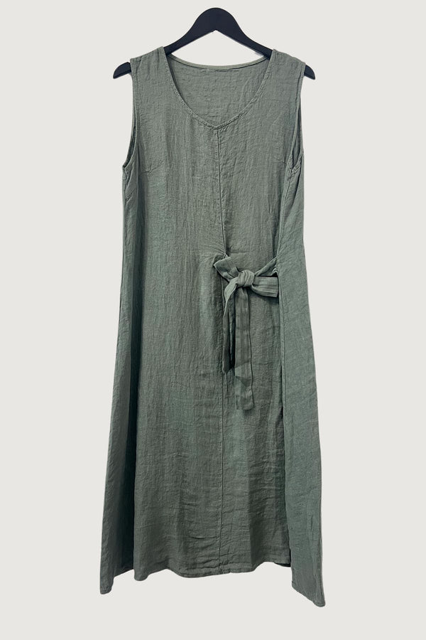 Mia Strada London Linen Tie Front Dress In Khaki Green