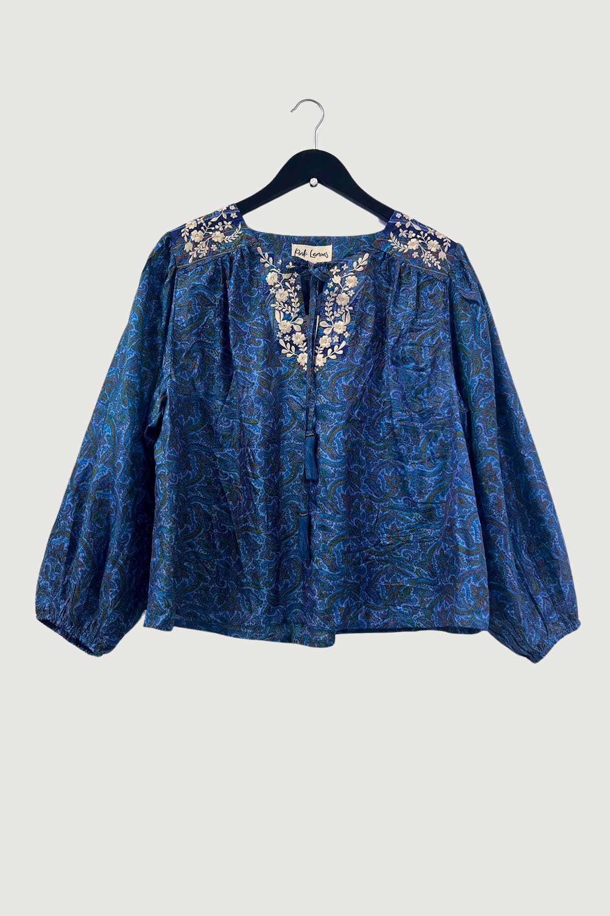 Pink Lemons Lolita Embroidered Silk Top Mandala Dreams In Blue