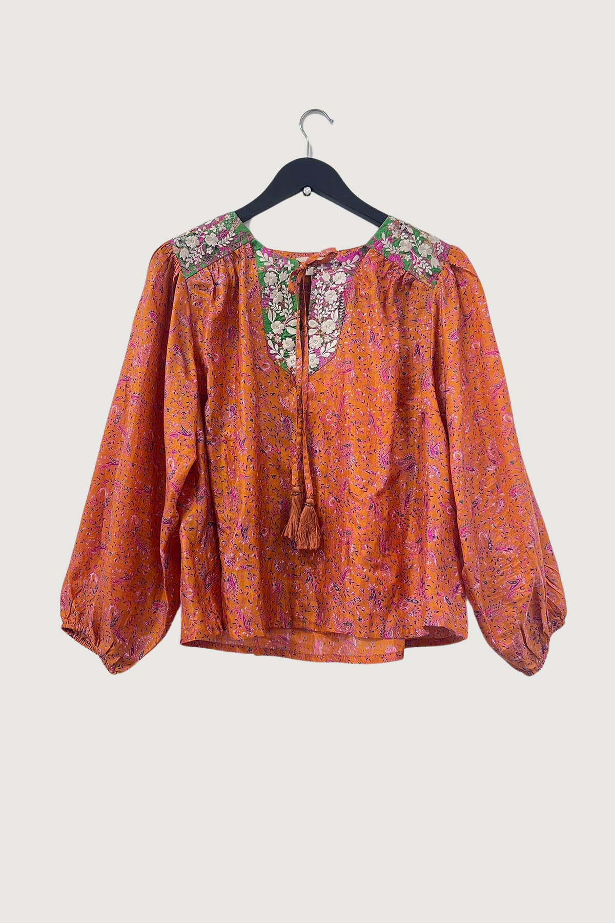 Pink Lemons Lolita Embroidered Silk Top Mandala Gardens In Sunrise Orange