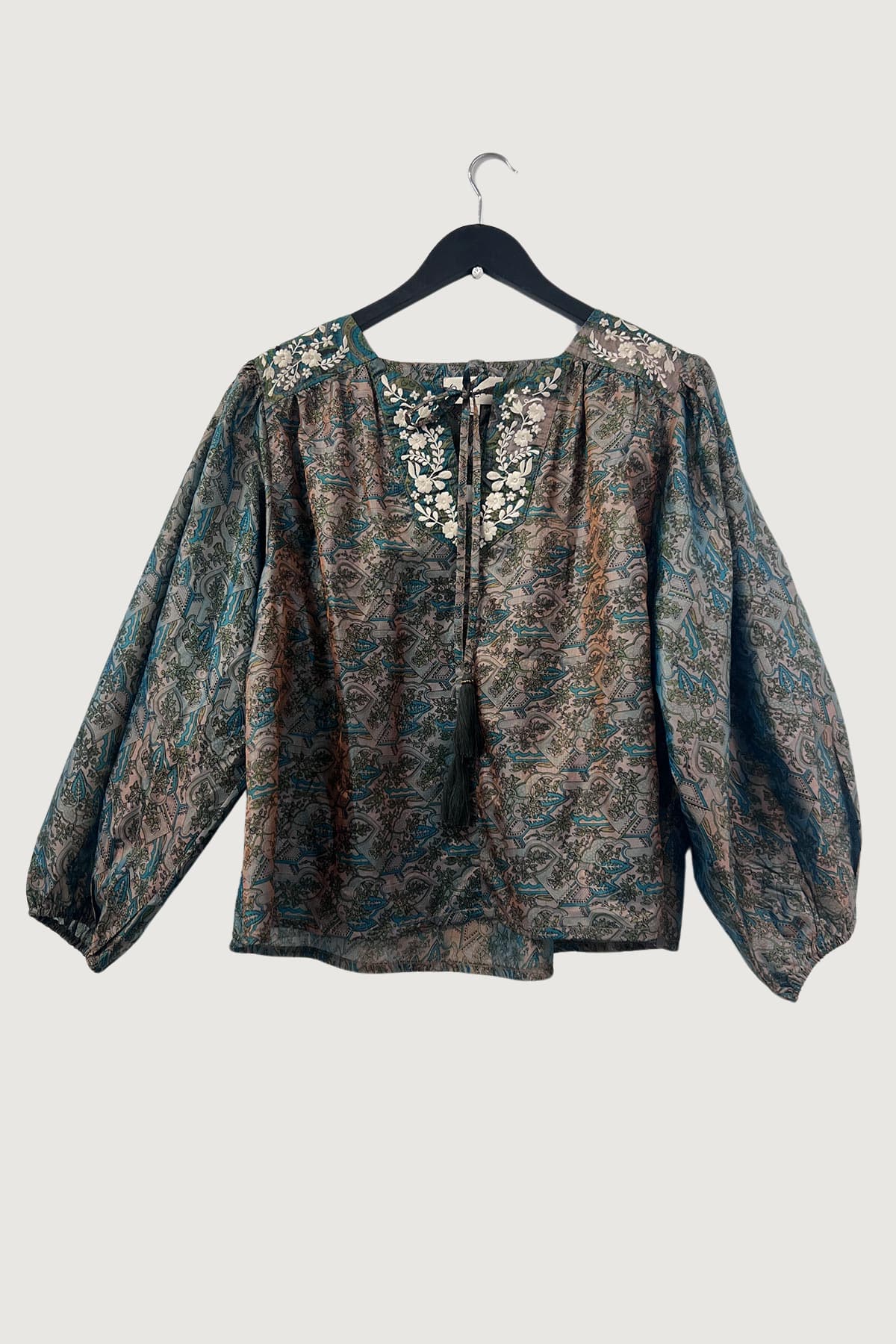 Pink Lemons Lolita Embroidered Silk Top Persian Gardens In Golden Teal Haze