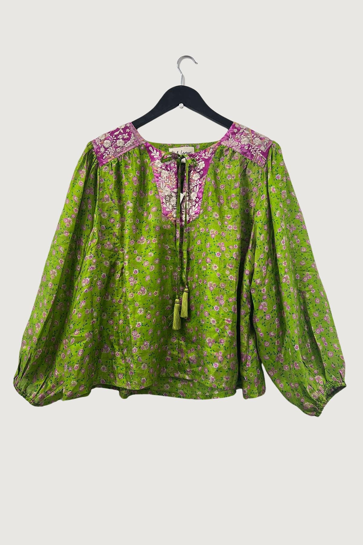 Pink Lemons Lolita Embroidered Silk Top Summer Garden In Lime