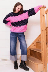 Cara & The Sky Marissa Stripe Bubble Stitch Jumper In Navy