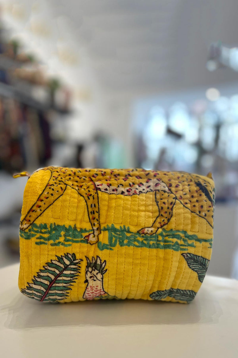 Conscious Yoga Collective Medium Velvet Make Up Bag In Jungle Yellow