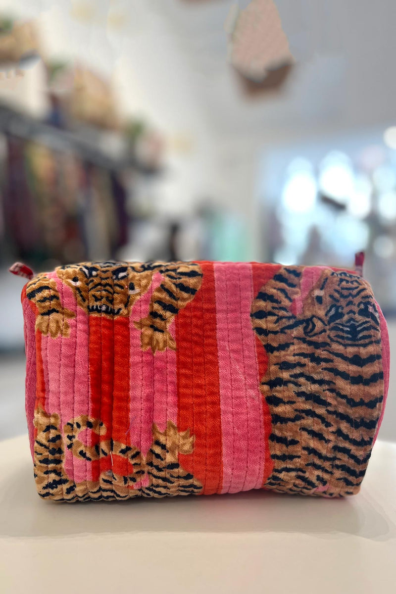 Conscious Yoga Collective Medium Velvet Make Up Bag In Tibetan Tiger Pink