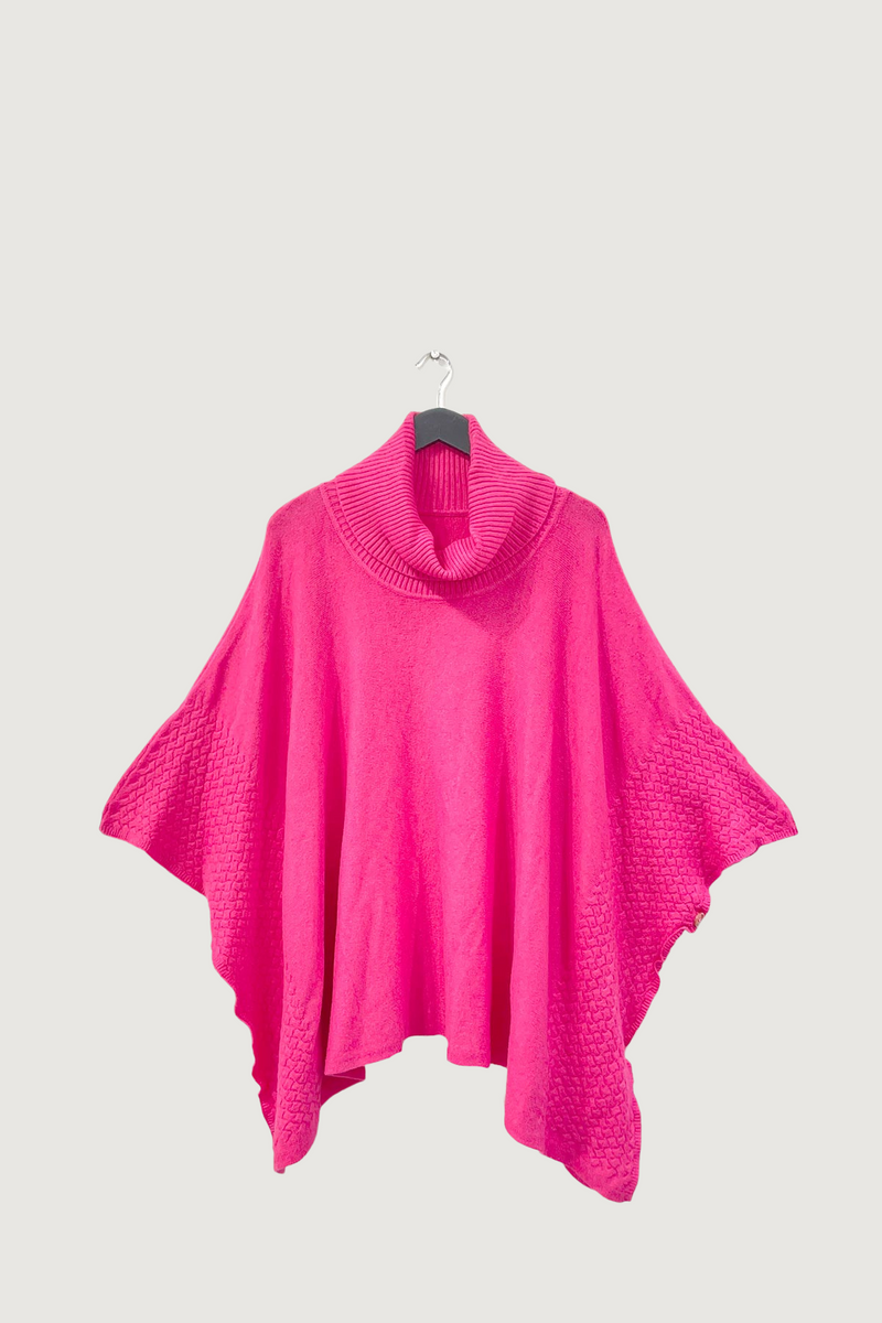 Mia Strada Super Soft Knitted Cowl Neck Poncho In Fuchsia