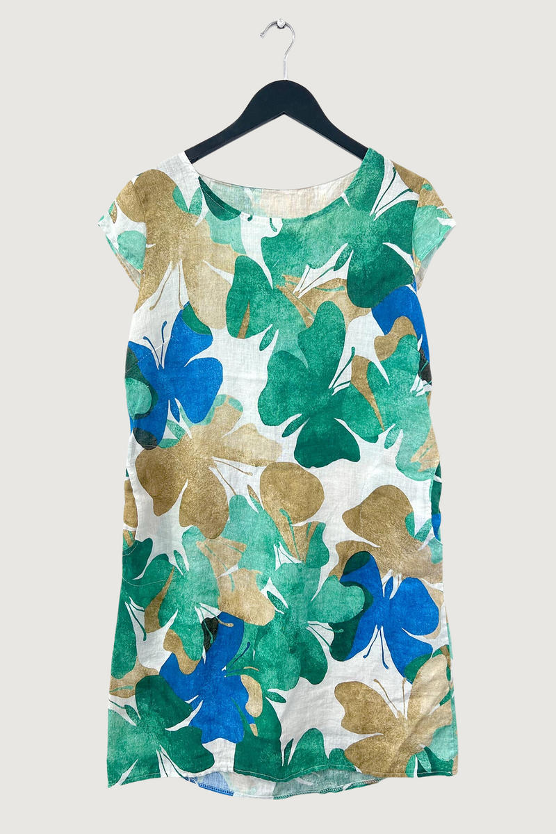 Mia Strada Butterfly Print Linen Panelled Dress In Green