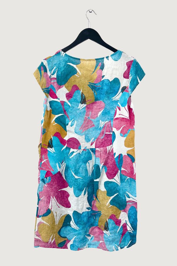 Mia Strada Butterfly Print Linen Panelled Dress In Turquoise