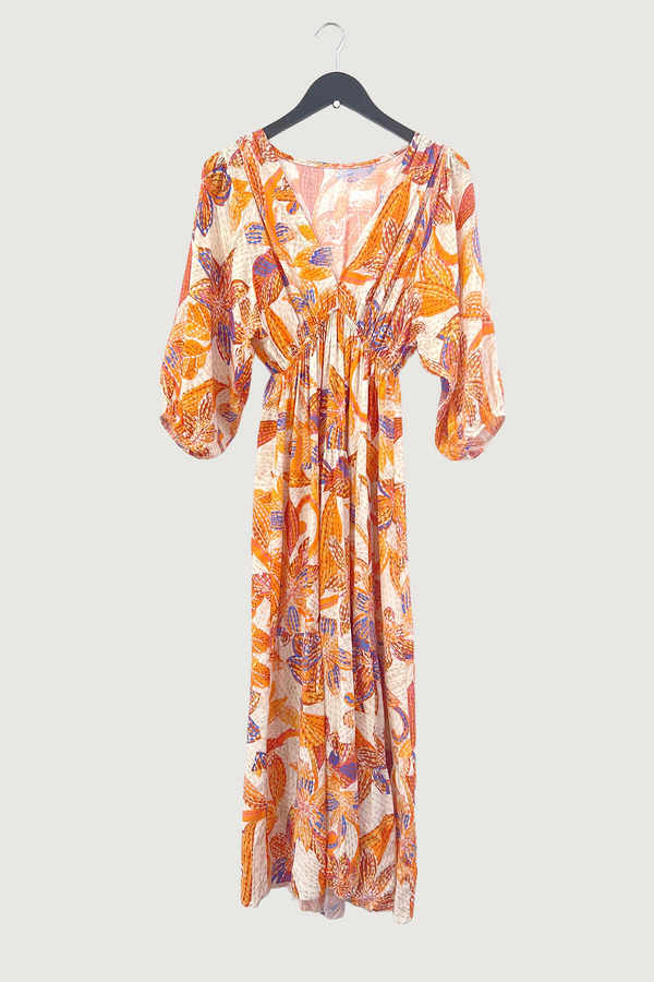 Mia Strada Abstract Floral Midi Dress In Orange