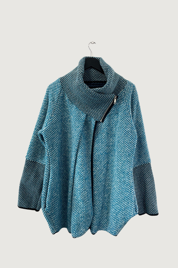 Mia Strada Speckled Woolen Coatigan In Teal Blue