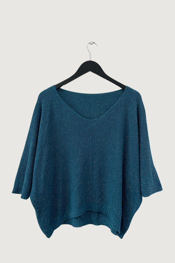 Mia Strada Super-soft Sparkly Reversible Knitted Top In Teal Blue
