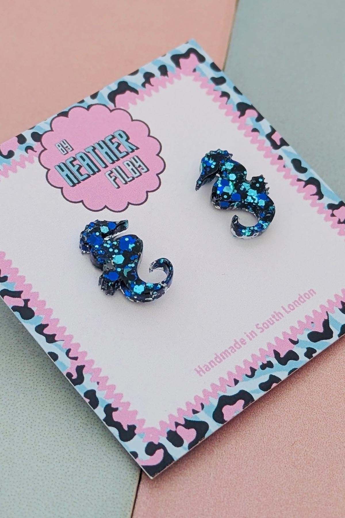 By Heather Filby Midnight Blue Seahorse Glitter Stud Earrings