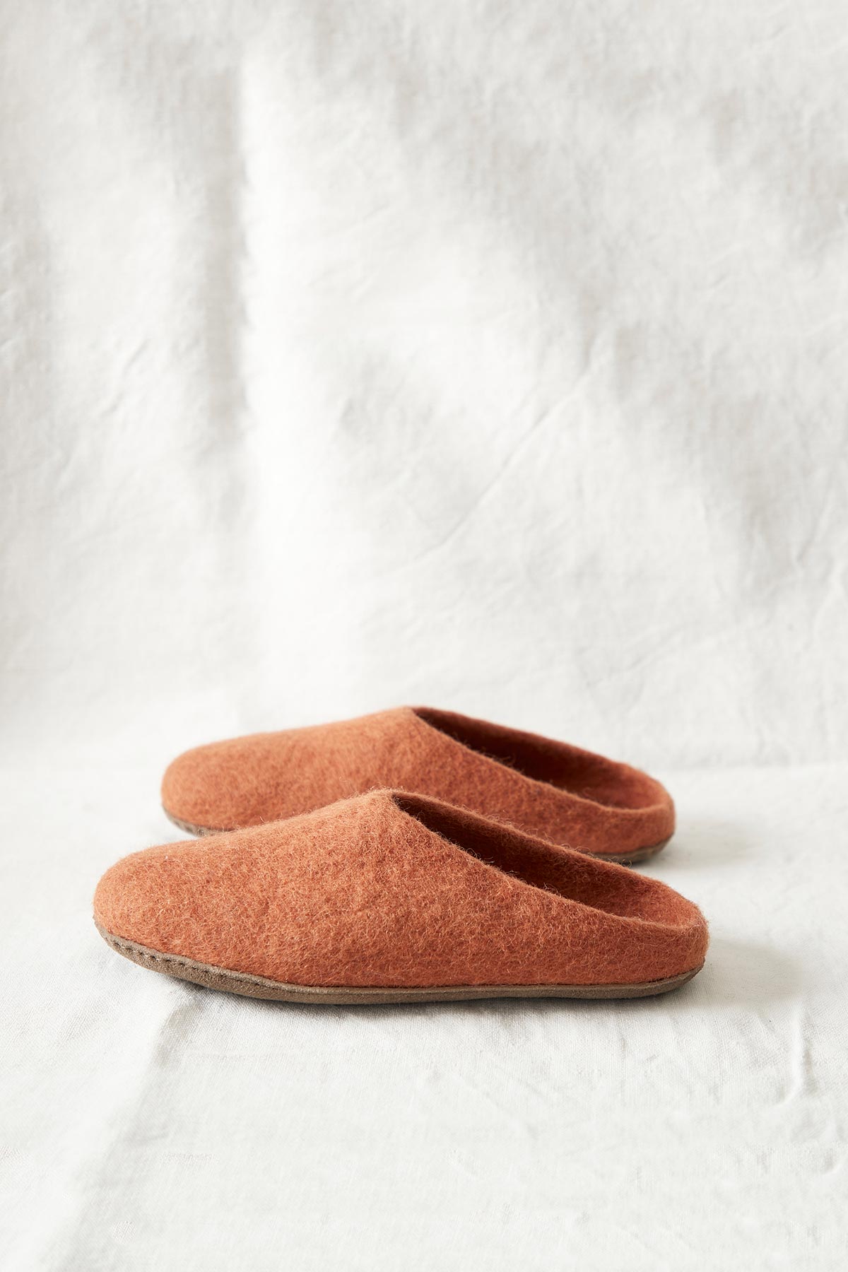 Aura Que Mita Handmade Eco Felt Mule Slippers Suede Sole In Rust Orange