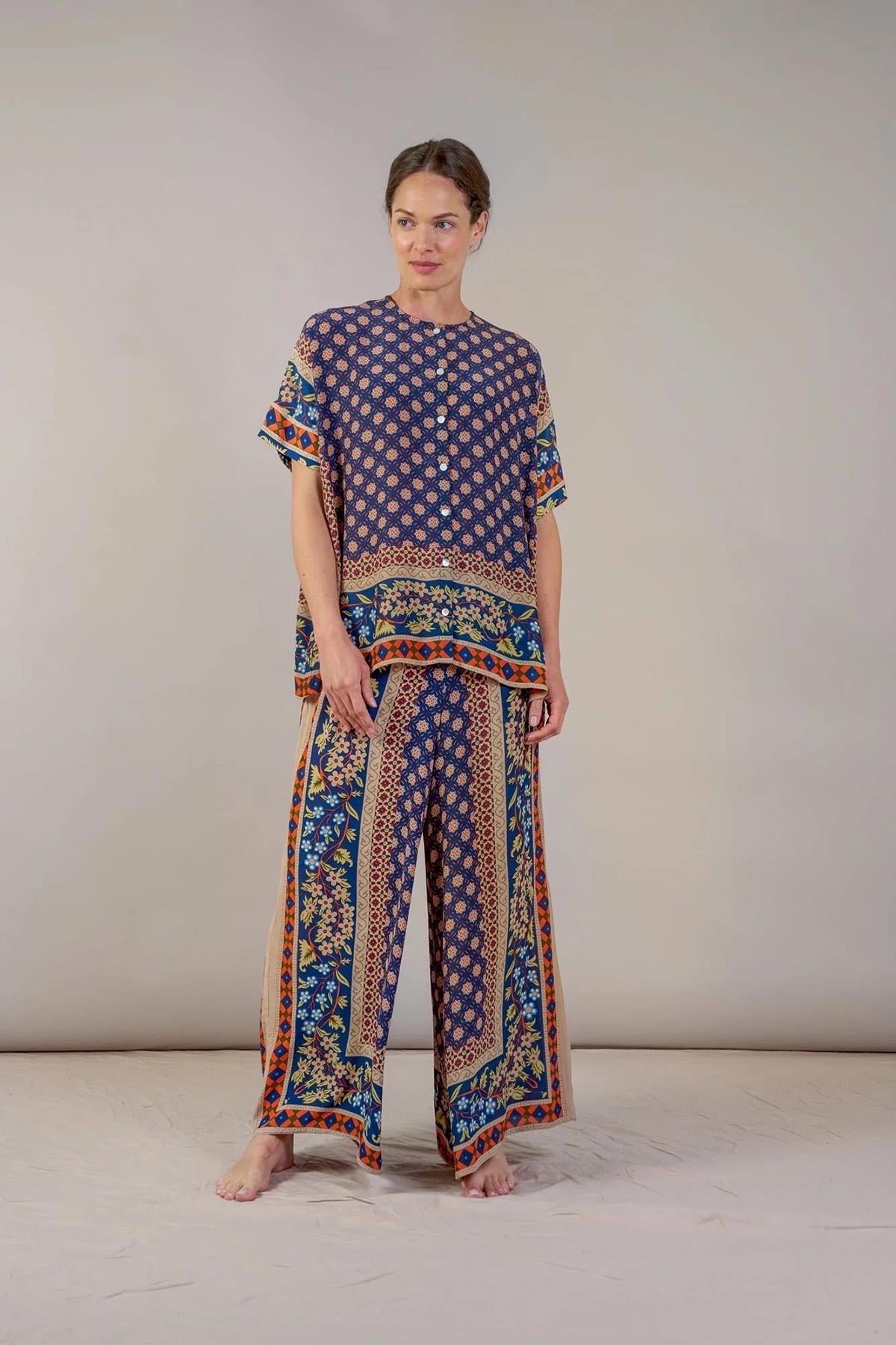One Hundred Stars Moorish Blue Crepe Palazzo Pants