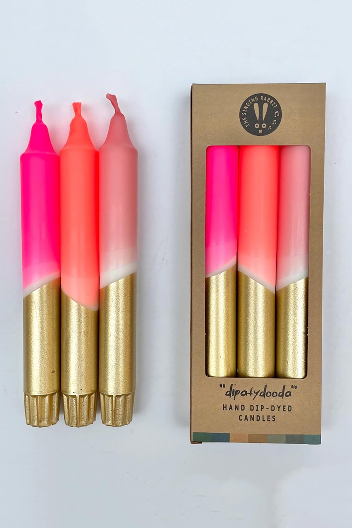 The Singing Rabbit Neon Pink, Neon Coral, Pink & Gold Dip Dyed Dinner Candles Set Of 3