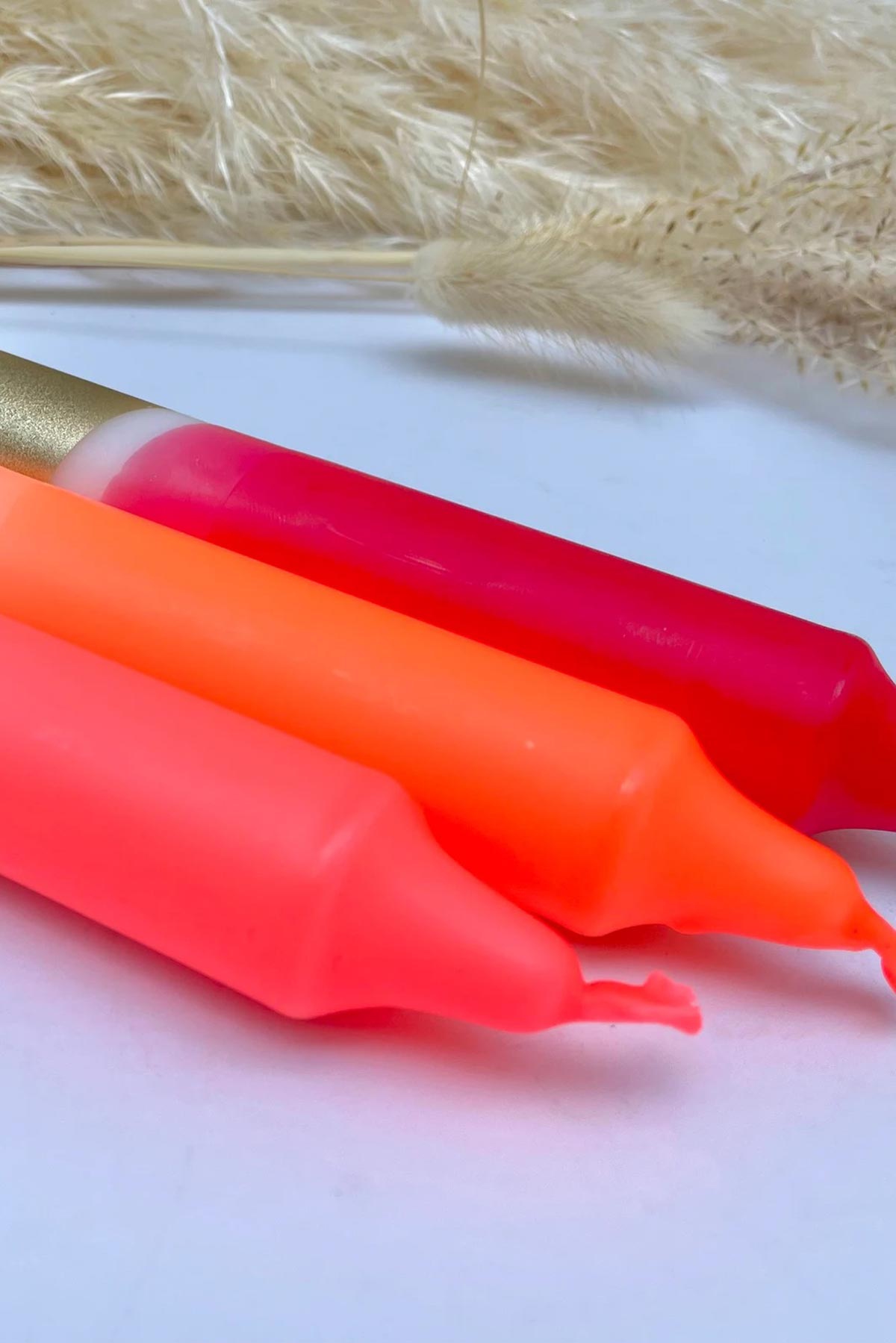 The Singing Rabbit Neon Pink, Neon Coral, Pink & Gold Dip Dyed Dinner Candles Set Of 3