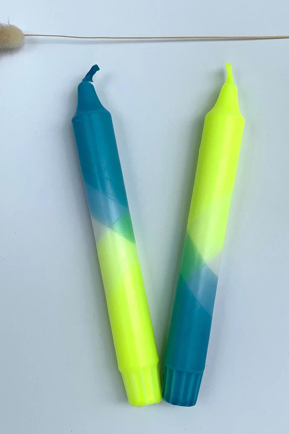 The Singing Rabbit Neon Yellow & Hawaiian Blue Dip Dyed Dinner Candles Set Of 2