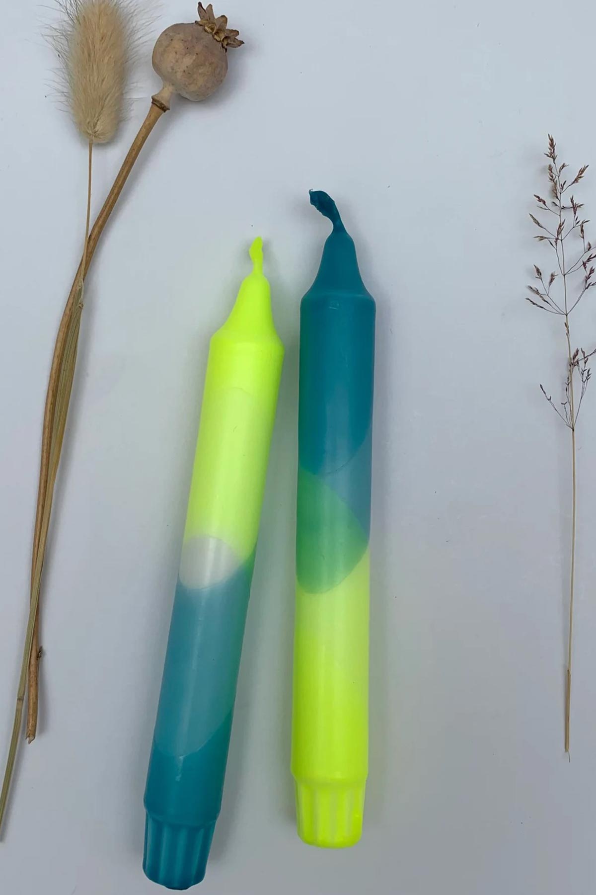 The Singing Rabbit Neon Yellow & Hawaiian Blue Dip Dyed Dinner Candles Set Of 2