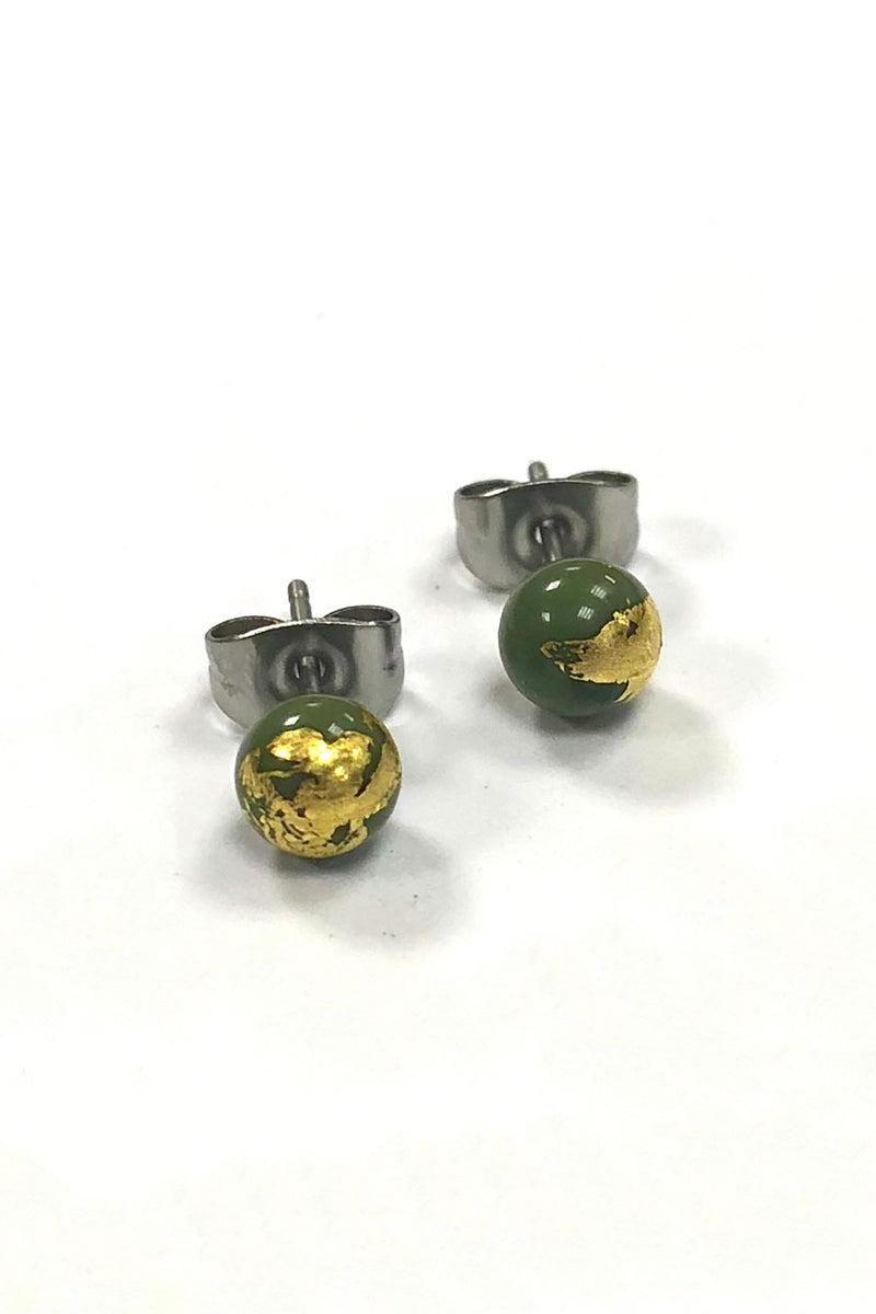 Helen Chalmers Olive And Gold Handmade Glass Stud Earrings